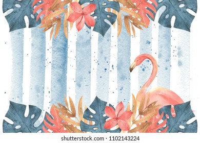 Hand Drawn Watercolor Tropical Leaves Frame And Flamingo. Summer Plants Illustration Exotic Palm Leaves, Jungle Tree, Brazil Tropic Elements, Monstera. Aloha Collection.