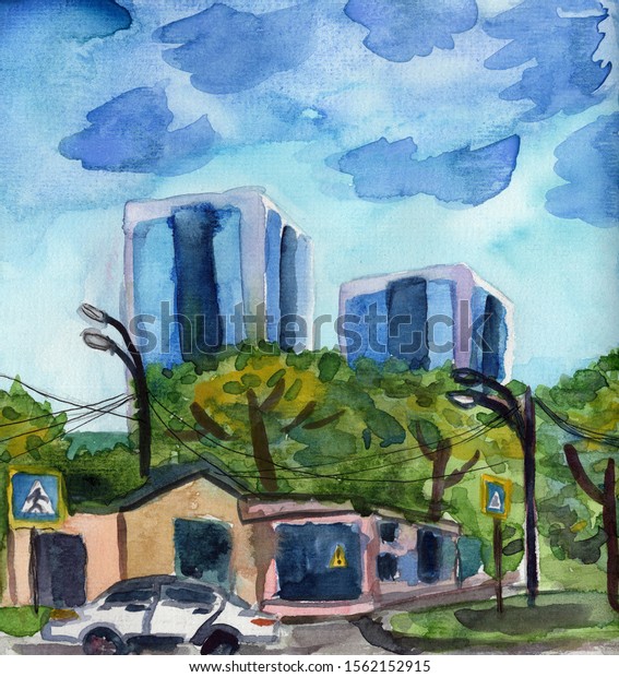 Hand\
drawn watercolor urban sketch. Business center. Cityscape. City and\
town architecture. Houses in the street. Blue sky and green trees.\
Car on road. Summer view. For postcards and\
posters