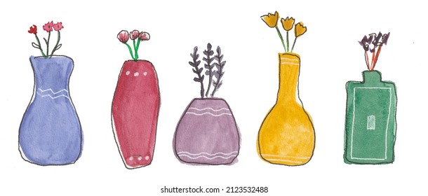 Hand Drawn Watercolor Vases With Flowres