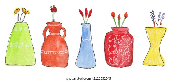 Hand Drawn Watercolor Vases With Flowres