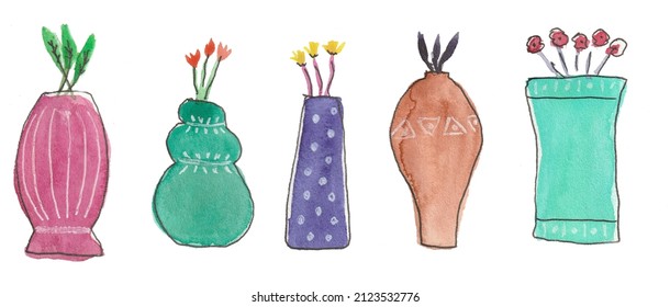 Hand Drawn Watercolor Vases With Flowres