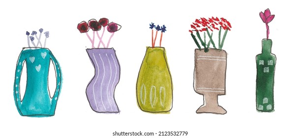 Hand Drawn Watercolor Vases With Flowres