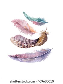 Hand Drawn Watercolor Vibrant Feather Set.  Boho Style. Illustration Isolated On White. Bird Fly Design For T-shirt, Invitation, Wedding Card.Rustic Feathers Bright Colors. 