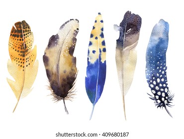 Hand Drawn Watercolor Vibrant Feather Set.  Boho Style. Illustration Isolated On White. Bird Fly Design For T-shirt, Invitation, Wedding Card.Rustic Feathers Bright Colors. 