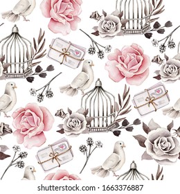 Hand drawn watercolor vintage pattern with roses,dove,bird cage,love letters, branches.Retro romantic ornament for wedding design,wallpaper,wrapping paper,greeting card