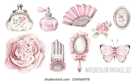 Hand drawn watercolor vintage set: fan, purse, mirror, glove, perfume, locket, butterfly, peony, rose.Pink accent.Retro objects