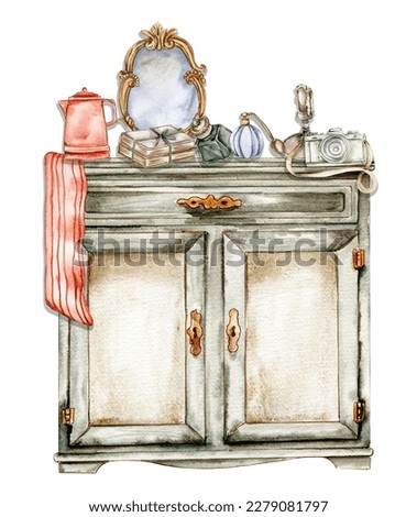 Hand drawn watercolor vintage style kitchen. Isolated furniture for interior.Vintage interior background with mid century modern furniture Interior Decor Scene.Farmhouse kitchen,cottage illustration.
