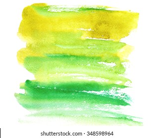 Hand Drawn Watercolor Wash. Colorful Paint Stain. Square Background In Green, Olive, Yellow. Grunge Design Element In Bright Juicy Colors. Ecology And Nature Design.