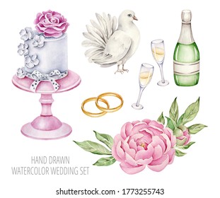 Hand Drawn Watercolor Wedding Set With Dove,wedding Cake, Champagne, Rings, Peony.Wedding Elements Isolated On White Background