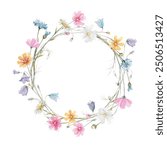 Hand drawn watercolor wildflowers round frame illustration. Field chamomile, cosmea, daisy, bluebell, cornflower composition isolated on white background. Cute floral wreath with buds and leaves