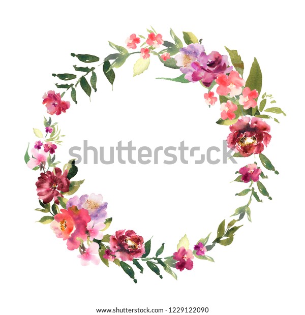 手書きの水彩の花輪が テキスト用の場所と共に表示されます カードのデザイン 招待 円形に色とりどりの花を持つ花柄 バラ色の花束 のイラスト素材