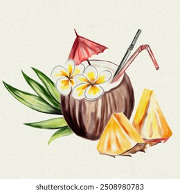 Hand drawn watercolour coconut cocktail with pineapple and straw isolated on white background tropical Illustration Hawaiian tropical coconut cocktail hand painted coconut cocktail - Powered by Shutterstock