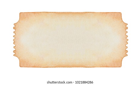 Hand drawn watercolour entry ticket pattern. Design element, sign, scrapbooking decoration, print, thematic backdrop. Single object, beige color. Free hand draw on white, cutout, textured paper.