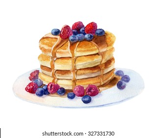 Hand Drawn Watercolour Illustration Of Delicious Pancakes With Honey And Berries On White Plate.