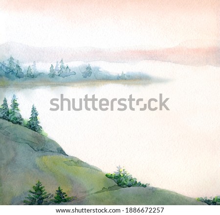 Hand drawn watercolour paint sketch on light paper. Text space rural fresh taiga field bush shrub plant rocky land. Quiet cloudy fall life old alp slope park artwork scene. Pond creek bay scenic view