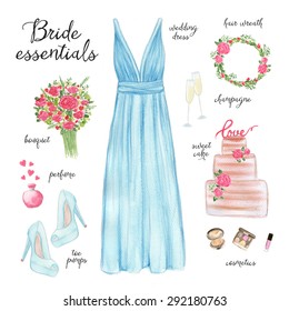 Hand Drawn Wedding Dress Illustration  Watercolor Set Bridal Elements 