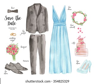 Hand Drawn Wedding Outfit  Watercolor Set Wedding Elements  Wedding Invitation Design 