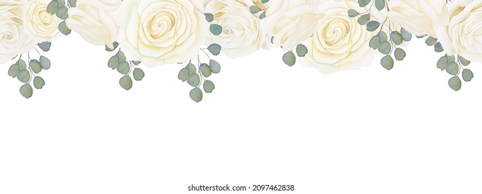 Hand drawn white rose flowers and eucalyptus leaves. Seamless horizontal watercolor wedding pattern. Background border for invitation and greeting cards. - Powered by Shutterstock