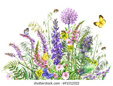 Hand drawn wild flowers and insects. Watercolor vivd wildflowers bunch, flying butterflies and bees isolated on white. 