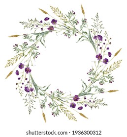 Hand Drawn Wildflower Wreath. Round Vintage Frame With Field Flowers And Herbs. Wreath For Wedding Decorations, Cards, Design.