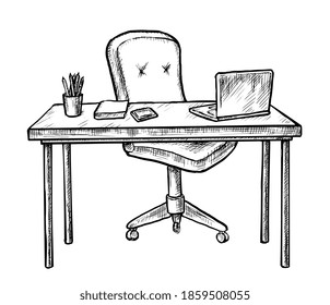 Hand drawn workplace. Sketch table desk with chair, computer laptop, notebook and stationary on white. empty workplace home office room interior design. Workstation furniture illustration