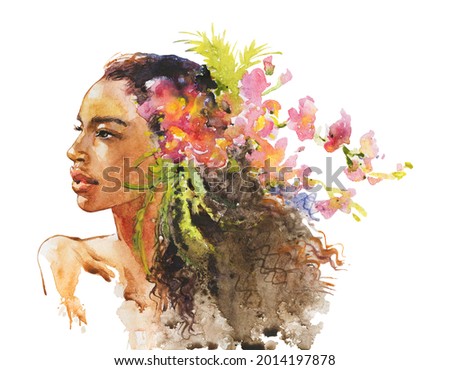 Hand drawn young African woman with Orchid, tropical flowers. Watercolor fashion portrait on white background. Painting realistic illustration. 