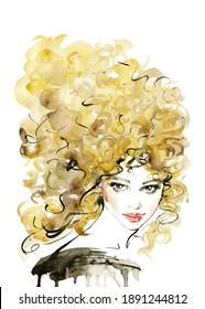 Hand drawn young curly blonde woman. Watercolor fashion portrait on white background. Painting abstract illustration in vintage style. 