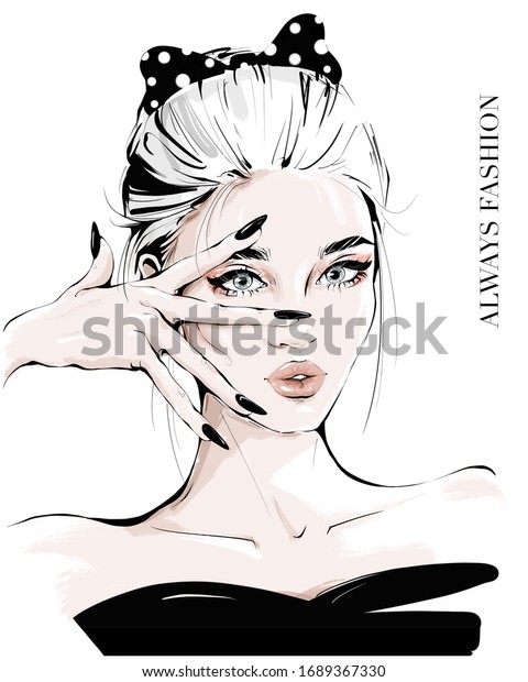 手描きの若い女性で 顔に手を近づけた 髪にまだらの黒い蝶結びを持つファッションガール おしゃれな女性 スケッチ ファッションイラスト のイラスト素材