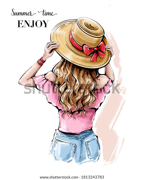Hand drawn young woman\
in summer hat. Beautiful blonde hair girl. Girl with beautiful long\
hair. Sketch.