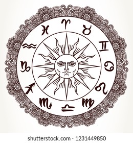 Hand Drawn Zodiac Signs Around Sun Stock Illustration 1231449850 ...