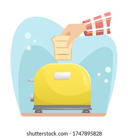 Hand drops a piece of bread into the toaster.  flat isolated illustration.