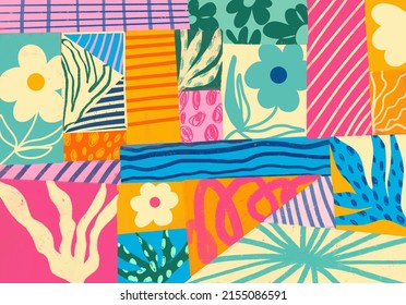 Hand Drown Abstract Colorful Background. Square Doodle Various Shapes, Spots, Drops, Curves, Lines. Contemporary Patchwork Concept. Perfect For Textile Prints 