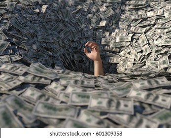 hand drowning in money, 3d illustration 