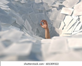 hand drowning in paper sheets, 3d illustration 