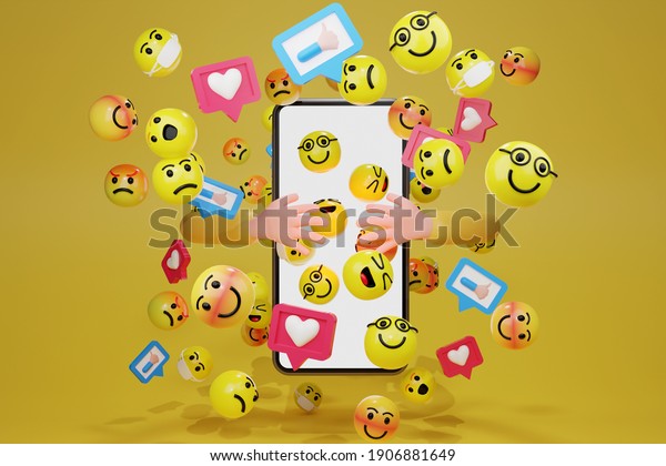 hand embracing smartphone with cartoon\
emoticons icons for social media. 3d\
rendering