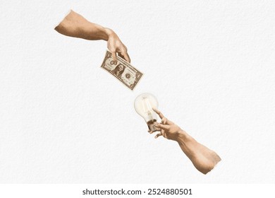 Hand exchanging money for light bulb, creative collage illustration. Hand giving money, hand hold ideas light bulb creative collage. Exchange of money and ideas light bulb creative collage - Powered by Shutterstock