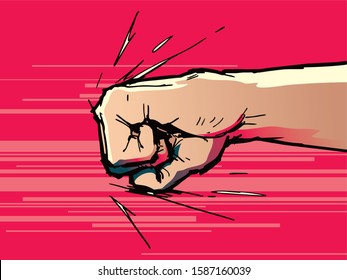 Hand, fist punching or hitting. Comic pop art, symbol. Vector illustration
