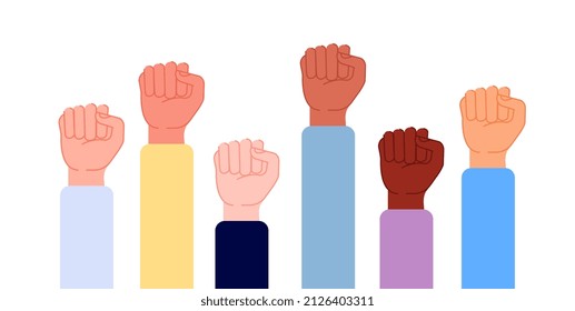 Hand fists up. Isolated punch, union power or woman solidarity. Flat feminism activists metaphor, multiracial human protest concept - Powered by Shutterstock