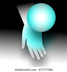 A hand and a floating aqua colored sphere are featured in a futuristic fantasy illustration.
