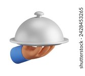 A hand with a food tray, 3d icon. Metal cloche. Food delivery. 3D object on a white background