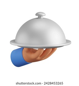 A hand with a food tray, 3d icon. Metal cloche. Food delivery. 3D object on a white background