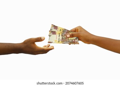 Hand Giving 3D Rendered Kenyan Shilling Notes To Another Hand. Hand Receiving Money