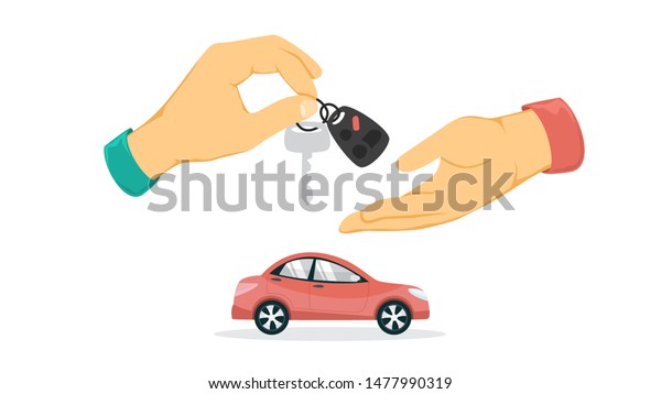 Hand giving car key. Idea of\
loan and car rental. Buy and sell property. Isolated flat \
illustration