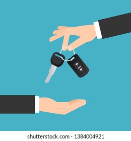 Hand giving car keys with chain. Car rental or sale concept in flat style. Clipart image - Powered by Shutterstock