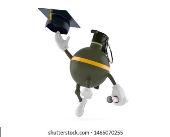 Hand Grenade Character Throwing Mortar Board Isolated On White Background. 3d Illustration