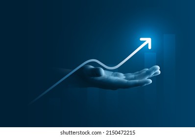 Hand Growth Arrow Symbol Business Up Background Of Success Graph Financial Profit Stock Diagram Or Growing Economy Investment Income Target And Goal Increase Achievement On Development Strategy Chart.