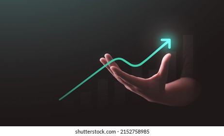 Hand Growth Improvement Arrow Up Success Business Profit Background Of Goal Forward Achievement Graph Diagram Icon Or Increase Financial Direction Stock Chart Sign And Motivation Development Strategy.