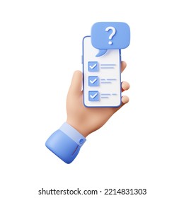 Hand Hold Mobile Phone With Check List On Screen And Question Mark. Icon Of Online Survey, Exam, Test, Quiz Or Questionnaire, Digital Poll With Checklist On Smartphone, 3d Render. 3D Illustration