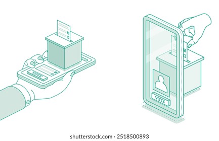 Hand hold phone. Isometric online voting and election concept using the smartphone. Illustration. Smartphone with vote on screen. People vote online using mobile app to choose their candidate. - Powered by Shutterstock