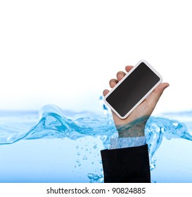 Hand Hold Phone  In Water Isolated On White Background